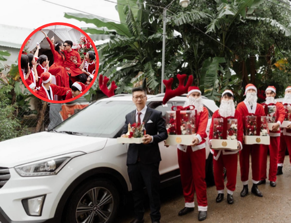 Xôn xao đám hỏi “độc lạ xứ Quảng”: Rước dâu bằng “tuần lộc” Hyundai, đội hình bê tráp toàn “ông già Noel” đỏ rực