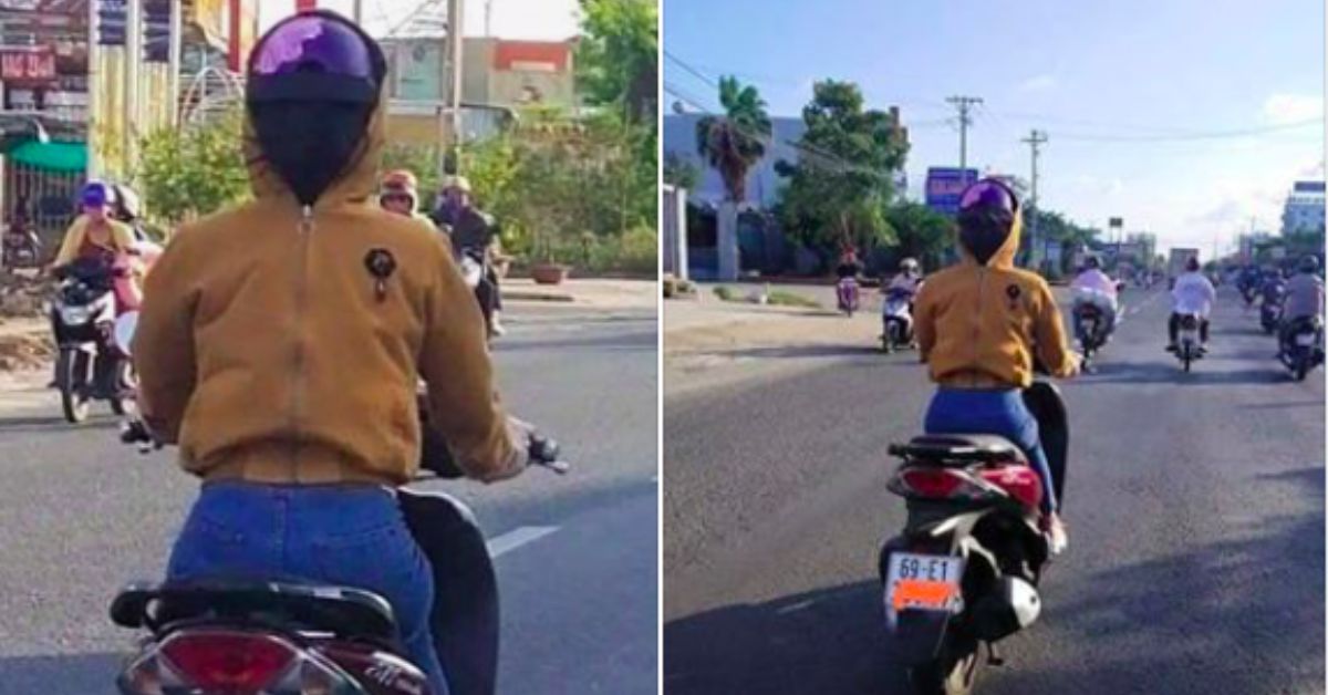 Người phụ nữ đi xe máy bịt kín như Ninja, nhưng chiếc áo mặc ngược cùng chiếc mũ bảo hiểm kì lạ mới khiến người đi đường ch;oáng v;áng