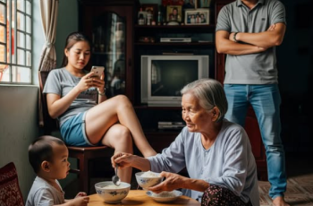 Đi làm vừa về đến nhà đã thấy mẹ vừa bế cháu bón cho ăn vừa xúc vội thìa cơm, còn vợ ngồi nghịch điện thoại cười như được mùa Đi làm vừa về đến nhà đã thấy mẹ vừa bế cháu bón cho ăn vừa xúc vội thìa cơm, còn vợ ngồi nghịch điện thoại cười như được mùa